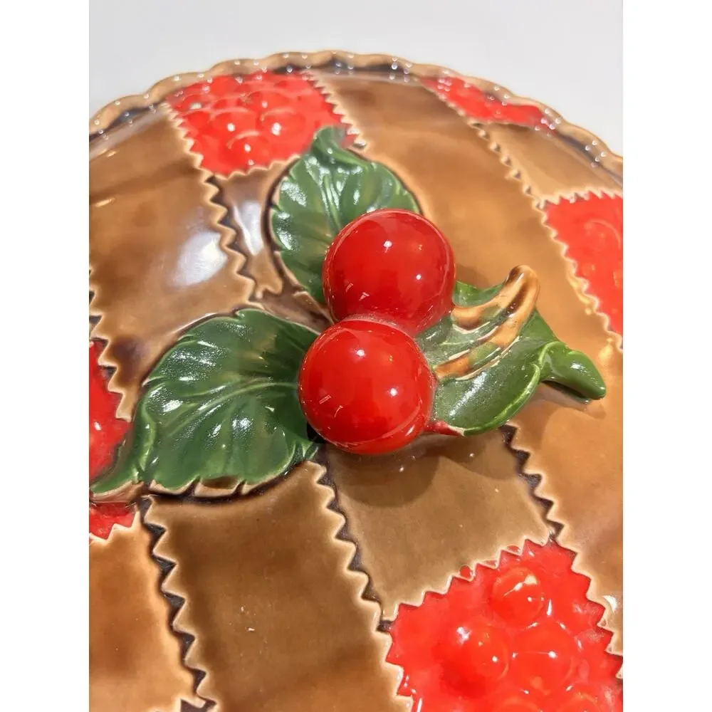 Vintage Ceramic Covered Cherry Pie Lattice Plate and Lid Japan trompe l'oeil 50s